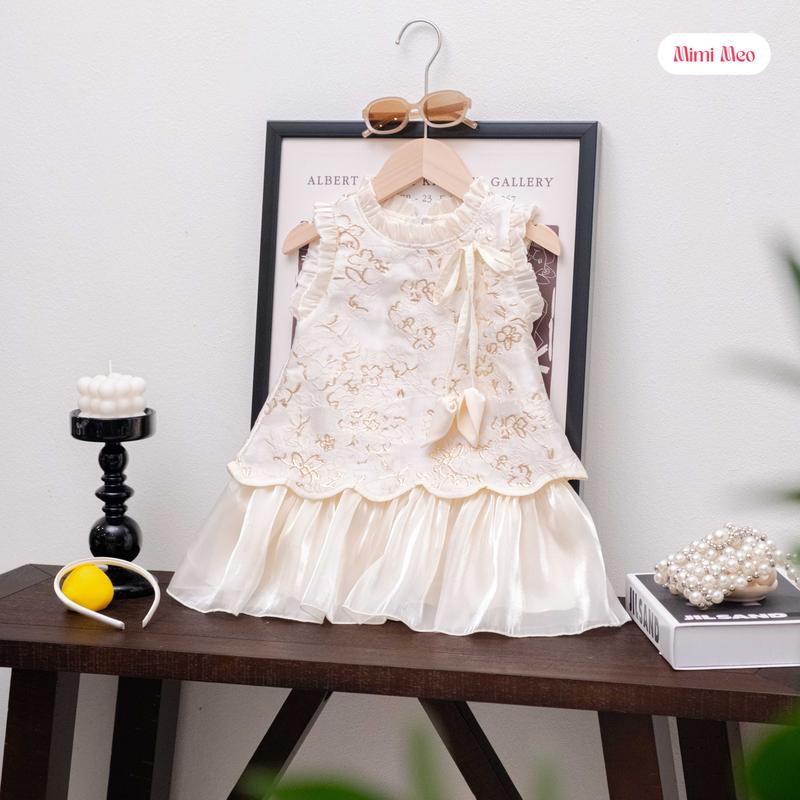   Mimi Meo - TD326  Váy bé gái  Kèm bờm  7-34kg - Vải gấm hoa nổi chân váy sóng lụa óng - Màu kem hồng 