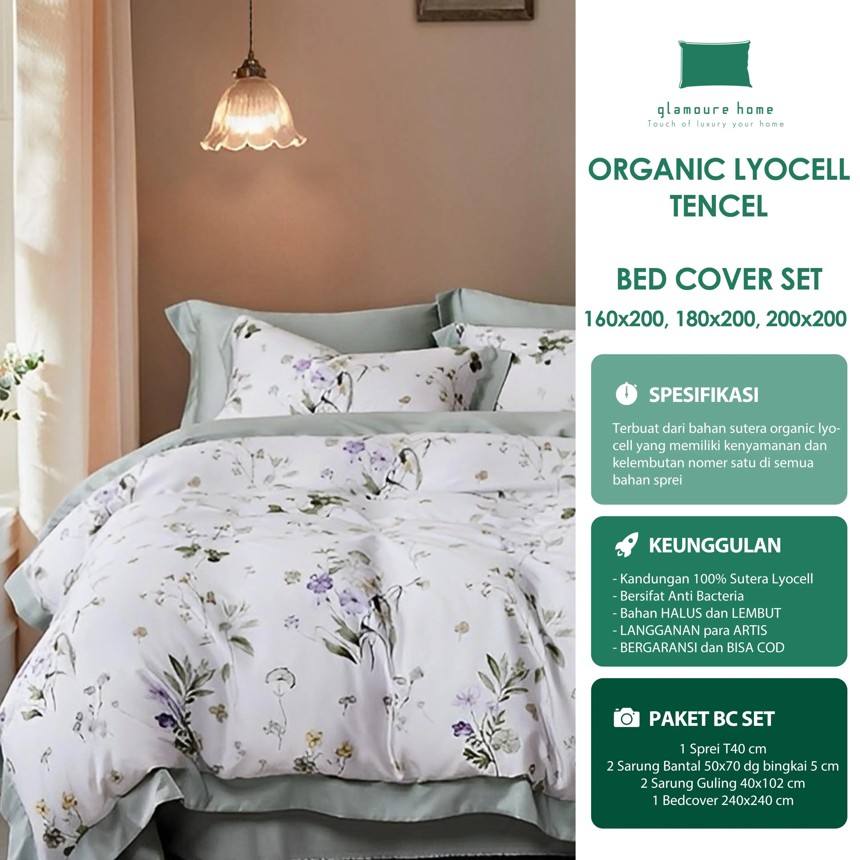 [KOLEKSI BARU] Bedcover set (Sprei Set + Bed Cover) Bahan Kain Sutera Organic Lyocell Bamboo Tencel Anti Bacteria sudah termasuk 2 Sarung Bantal 2 Sarung Guling Semua Ukuran (160x200, 180x200, 200x200)