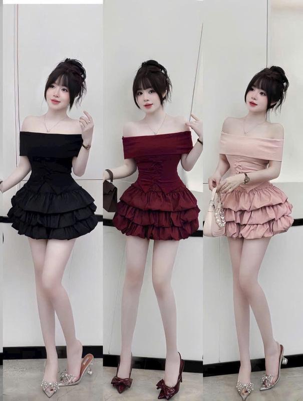 Set váy nữ áo tăm tay ngắn trễ vai dính nơ mix chân váy mango form ngắn xếp tầng xinh xắn dành cho nàng diện di chơi.