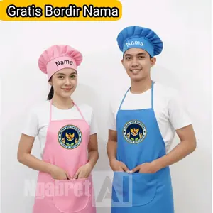 Apron Set Topi Chef logo Mbg Dewasa Sablon DTF  Bordir Nama Celemek Dewasa Tali Apron Pink Merah