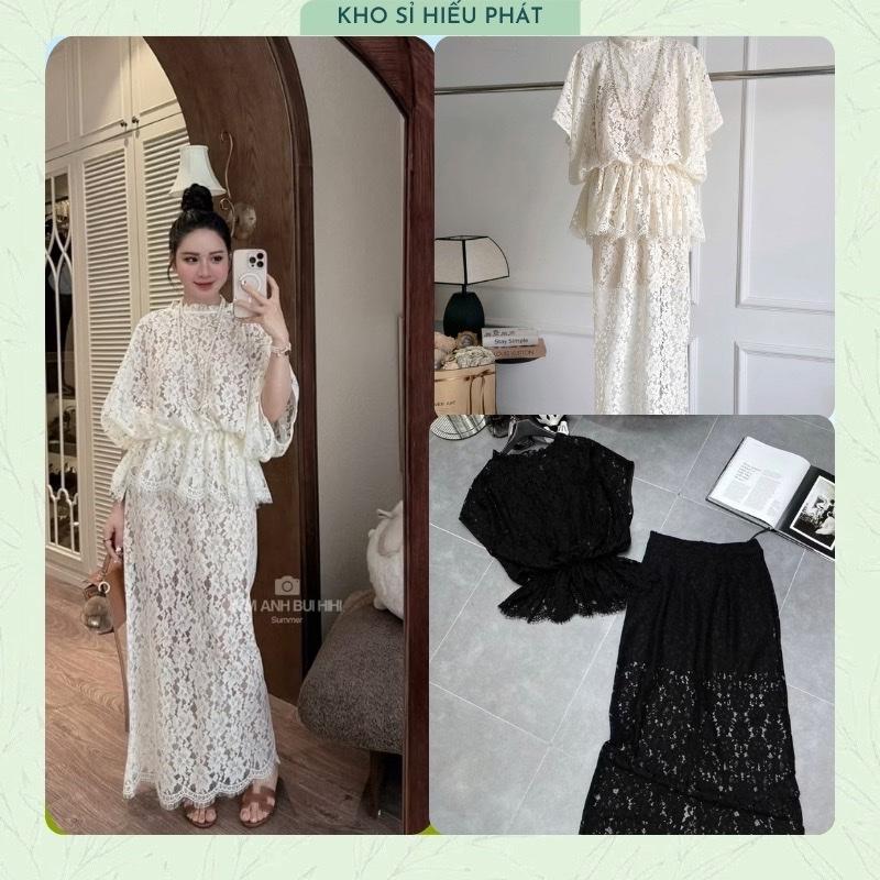 Bigsize Dưới 70 kg - Tặng Áo Dây Set Áo Ren Tay Dơi Cổ Bèo Chun Eo Phối Chân Váy Midi Dài Sang Chảnh - by Hp