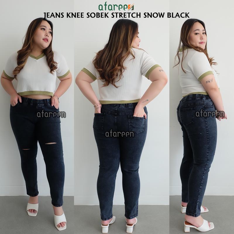 Afareen - Jeans Pinggang Karet Jumbo Ripped Celana Jeans Sobek Wanita Knee Legging Jeans Jumbo Size 31-43 8