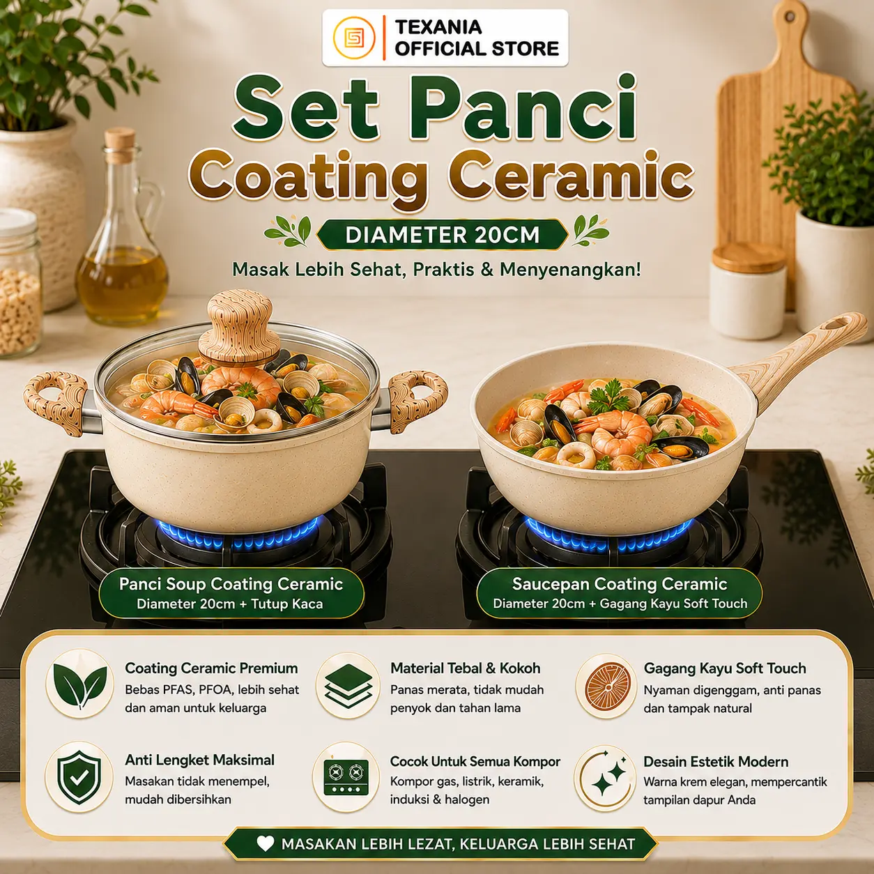 [CACAA.RAMADANI] [PO 30 HARI] TEXANIA Set Saucepan & Panci Soup 20cm Coating Granite & Keramik Anti Lengket Food Grade