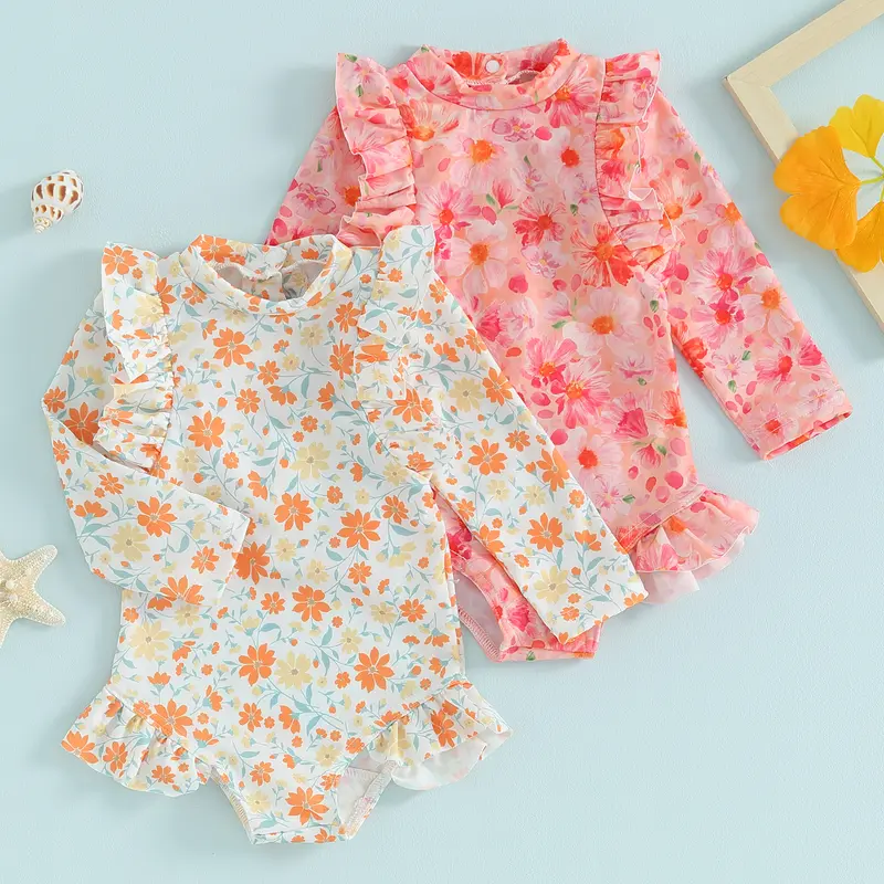 Đồ Bơi Trẻ Em Và Bé Gái Mới Biết Đi, 6, 12, 18, 24 Tháng, 2T, 3T, 4T, Áo Tắm Dài Tay, Cổ Thuyền Viên, In Hoa, Bộ Đồ Tắm Mùa Hè, Đồ Đi Biển 0