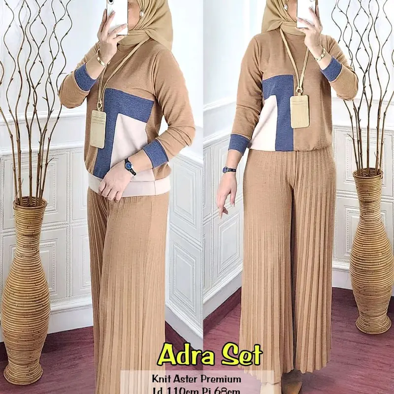 Pakaian setelan wanita bahan knit aster import LD 110-120 cm lengan panjang celana kulot plisket nyaman dipakai bestseller Sandra set Adra set by Vensy marsella 5