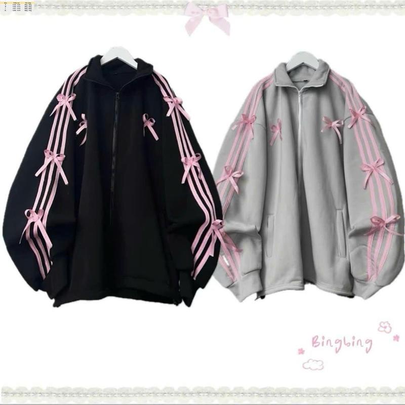 Áo Khoác Nữ Women Jacket Cổ Trụ Dây Kéo Form Rộng Đính Nơ Dễ Thương Top bán chạy 0