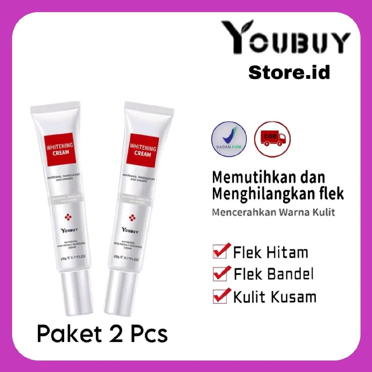 Promo Paket 2 Pcs YOUBUY Whitening and Freckle Removing Cream krim pemutih wajah Light Spots Flek Hitam Brighten skin Memutihkan Mencerahkan Serum