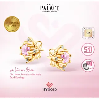 ILY GOLD La Vie en Rose - 2in1 Pink Solitaire with Halo Stud Earrings / Anting
