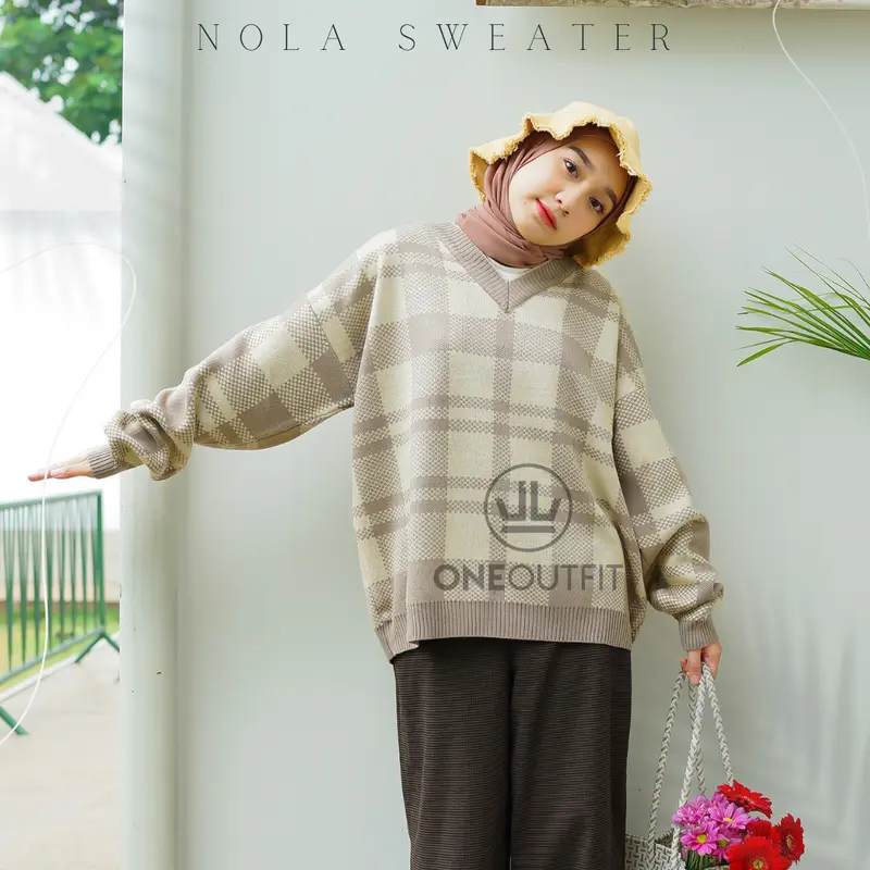 Oneoutfit Sweater Rajut Wanita Premium Terbaru Motif Kotak Nola Oversize Bahan Knit Halus Lembut 6
