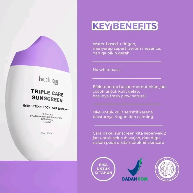 Facetology Triple Care Sunscreen SPF40 PA+++ 40ml Tabir Surya 3