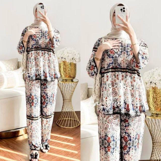 Setelan Wanita Oneset Wanita Setelan Rayon Celana Kulot Atasan Rempel Bahan Rayon Motif Adem Dan Nyaman  Baju Dewasa Remaja Panjang Santai Muslim Bawahan Lembut hitam Busui Rayon Premium Exclusive Kekinian Lebaran Atasan Wanita Celana Kulot