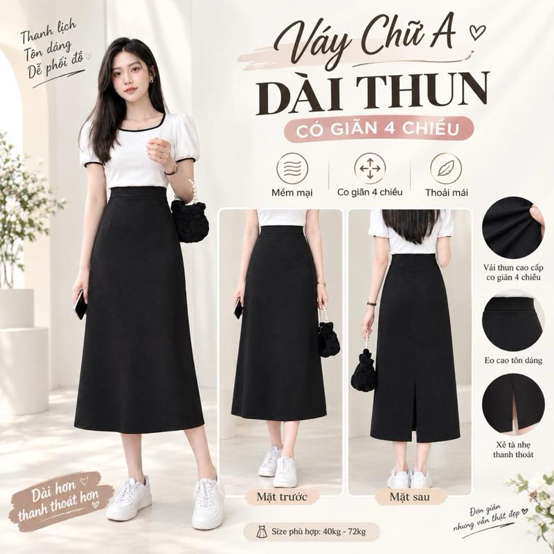 Chân váy lưng thun chữ A xẻ tà sau vải umi hàn cao cấp co giãn 4 chiều Nữ Women