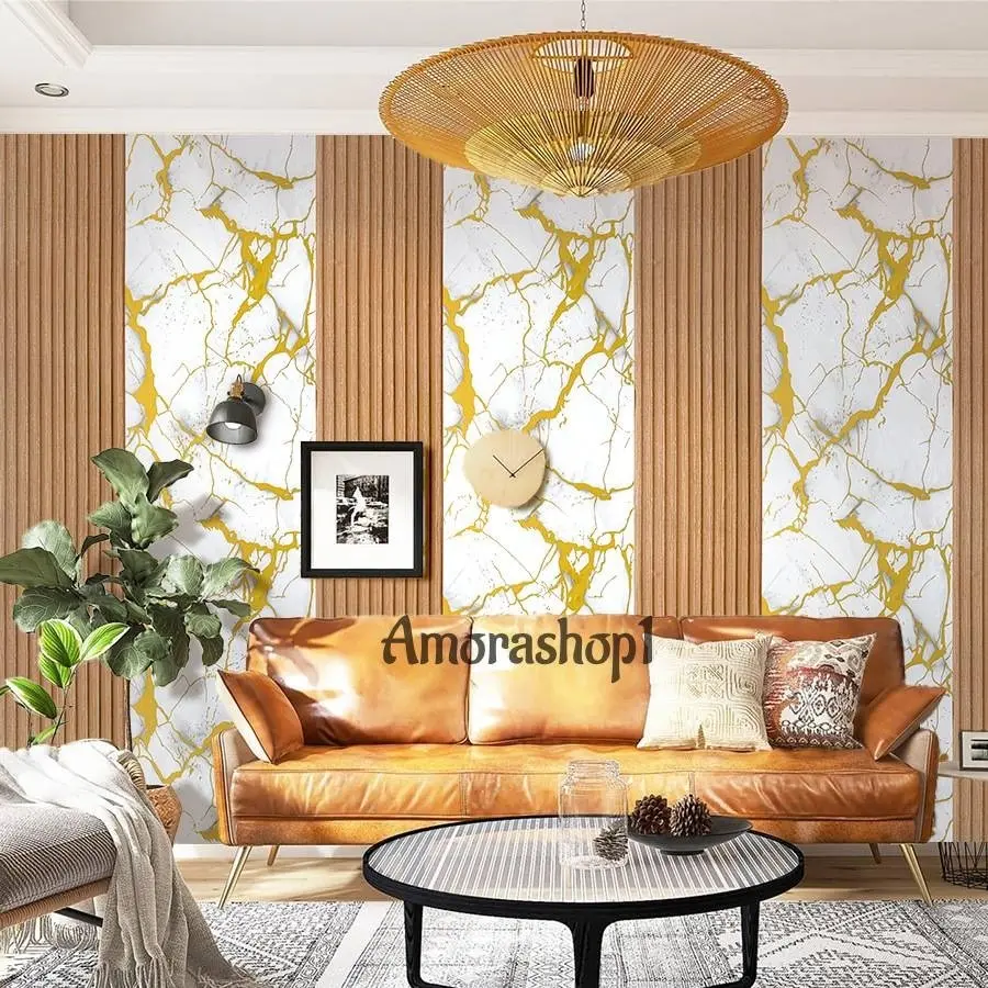 Wallpaper Dinding Panel Lis Emas / Elegan Panel Kayu Modern 8m s/d 9m x 45cm