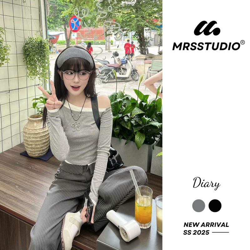  MRSSTUDIO - Áo trễ vai dài tay ôm body chất liệu len tăm thoáng mát tôn dáng MRA150G Nữ Women Voi Top Jean Nhung Kem Sen Sơ Mi 