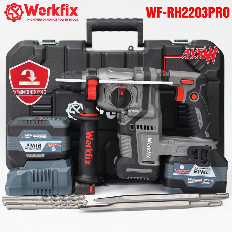 [Có Giảm Rung AVS] Máy Khoan Đục Bê Tông 3 Chức Năng Dùng Pin 21V Workfix - WF-RH2203PRO - MÀU XÁM - Có Anti-kickback - Chân Pin Phổ thông 2 Pin 21V/6Ah - Động Cơ Từ Lõi Đồng - Bảo Hành Chính Hãng 6 Tháng