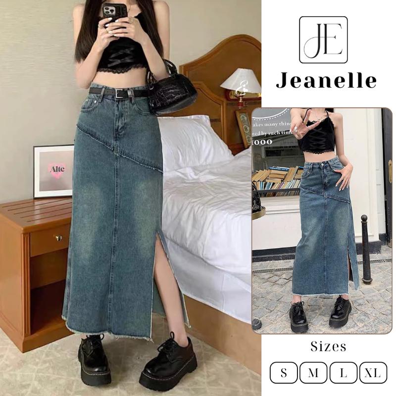 Chân váy jeans xẻ dài qua gối lưng cao phong cách Hàn Quốc V4 Nữ Women