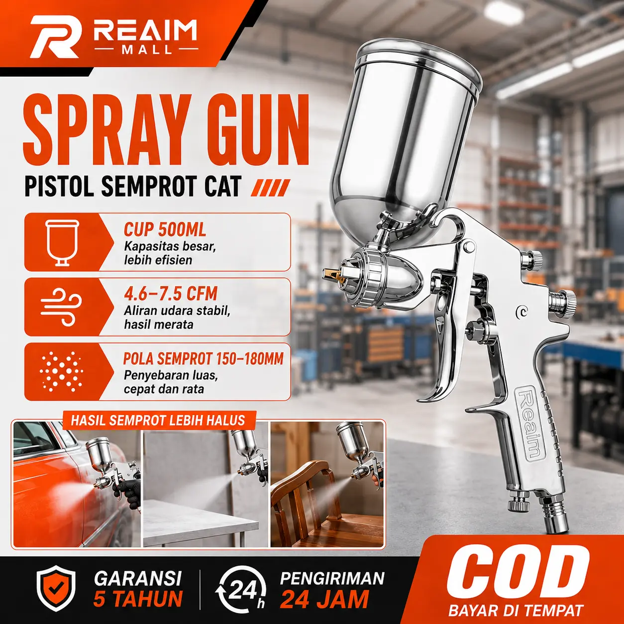 REAIM Spray Gun Pneumatik 500ML - Alat Semprot Cat Profesional dengan Teknologi Atomisasi Presisi & Tangki Bawah untuk Hasil Halus | Cocok untuk Cat Mobil, Motor & Furniture - Garansi 5 Tahun