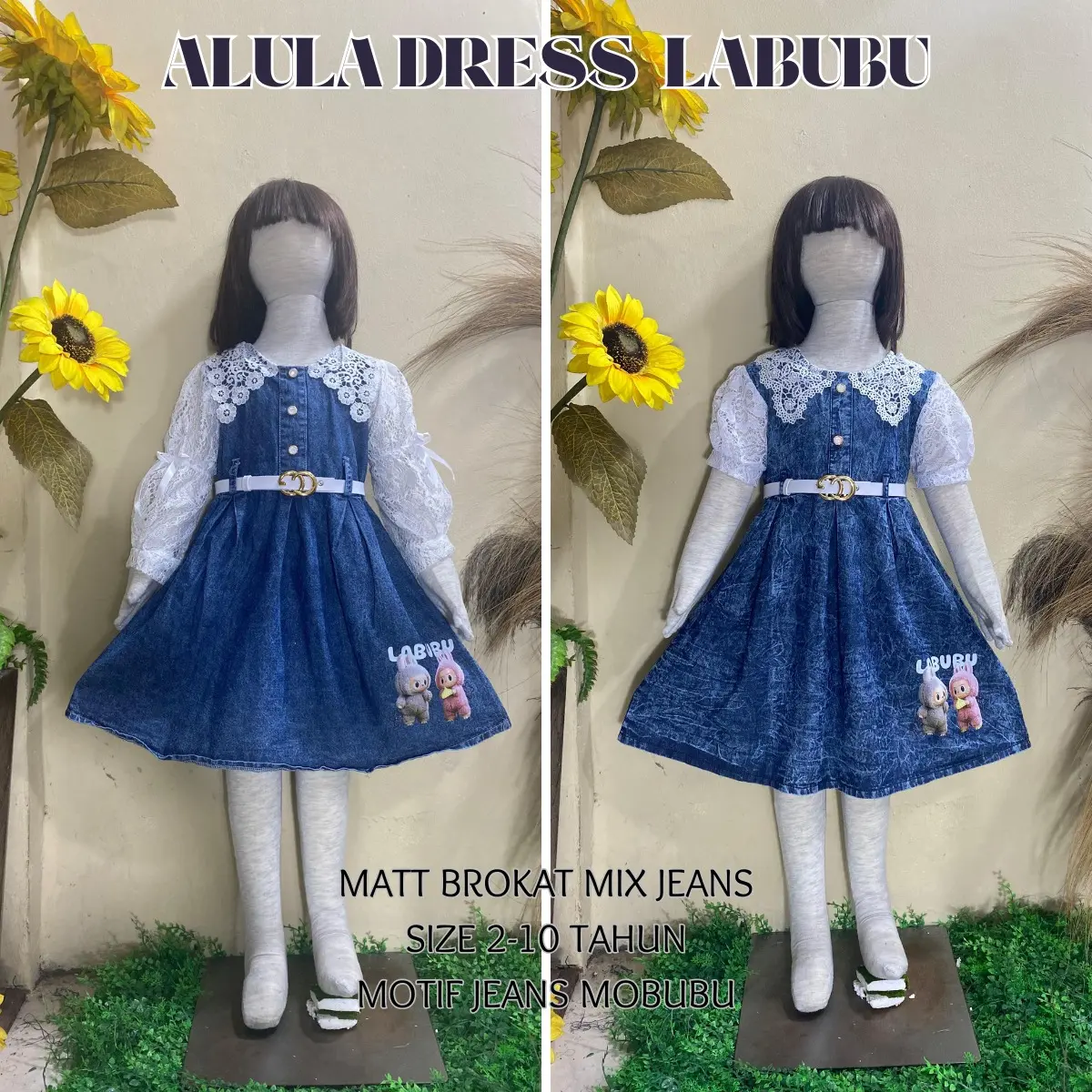 New Dress Viral Alula Mix Brokat Free Belt Anak Usai 3-8 Tahun Matt Jeans Mix Brokat Import Premium - BISA COD