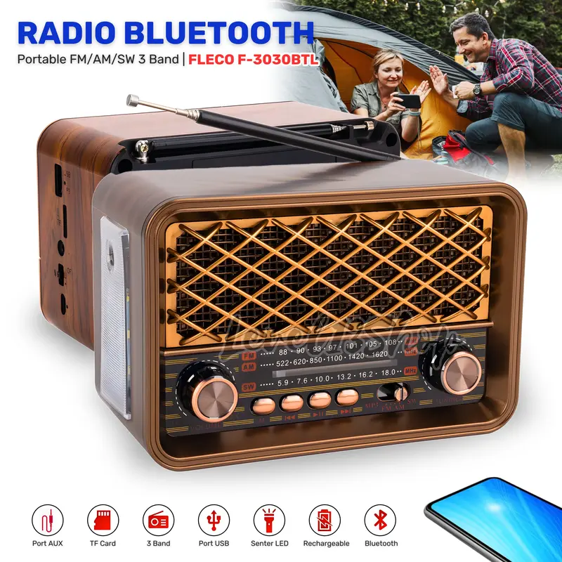 Radio FM/AM/SW Speaker Portable Bluetooth FM Radio Klasik Design Radio Bluetooth FM/kartu TF/usb FLECO F-3030BTL Radio Jadul Klasik FullBass 0
