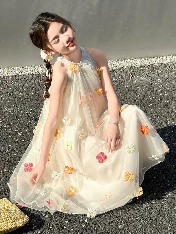 Đầm công chúa bé gái thiết kế cổ yếm đính hoa 3D thủ công đầm đôi mẹ và bé gái dự tiệc sinh nhật