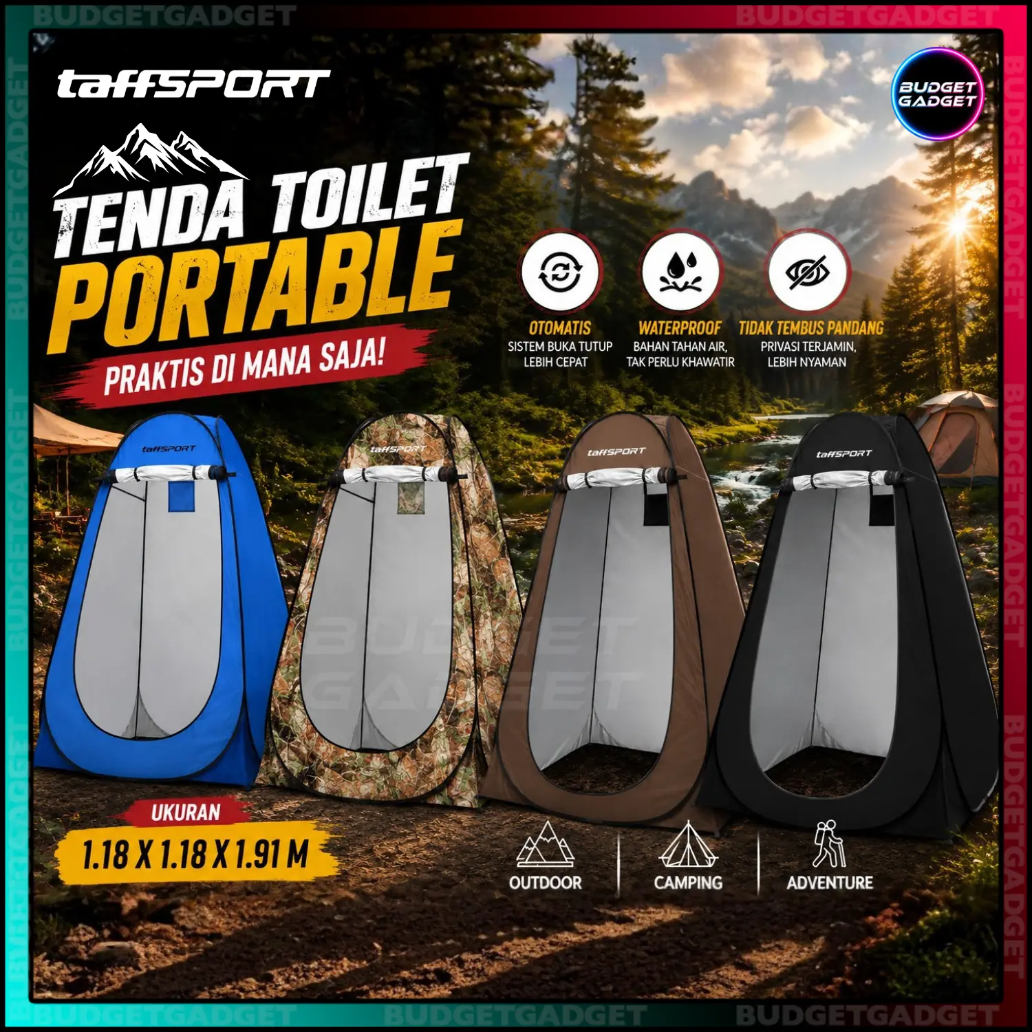 TaffSPORT Tenda Toilet Portable Automatic Open untuk Camping Ada Ventilasi Dapat Dilipat Dengan Mudah Bahan Waterproof Frame Metal