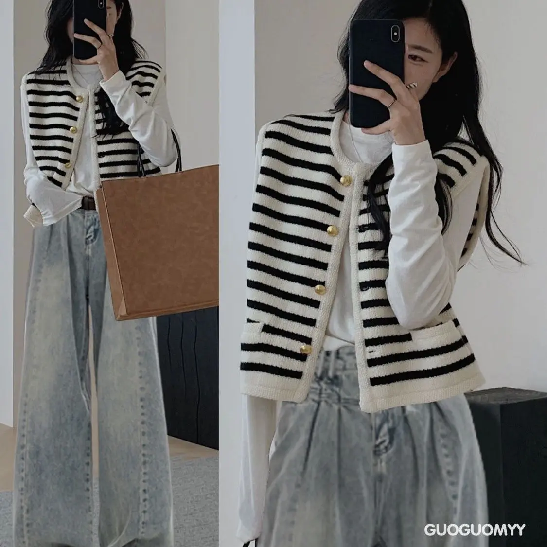 Áo Vest Dệt Kim, Phong Cách Ngắn Sọc, Cổ Tròn, Dáng Rộng Vừa Vặn, Dành Cho Nữ, Áo Mặc Bên Ngoài Hàn Quốc Mới Mùa Thu, Áo Len Không Tay Áo Cardigan Women Top