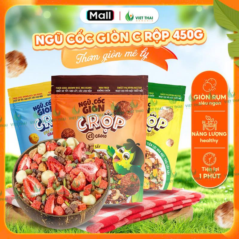   GIÒN RỤM  Hạt Ngũ Cốc Giòn C Rộp Granola Gạo Lứt Thức Ăn Sáng Ít Đường Healthy Food Mix Trái Cây Siêu Ngon 450G  Việt Thái Organic  