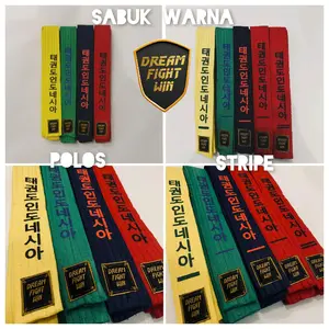 Dreamfightwin Sabuk Taekwondo Basic Warna Kuning Hijau Biru Merah Polos & Stripes Panjang 170-180 cm Lebar 4 cm Cocok untuk Pemula