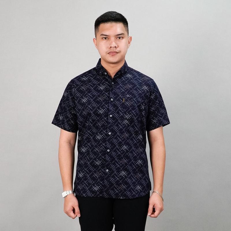 PF - Kemeja Motif Pria Verdant Full Printing Lengan Pendek Casual M-XL Baju Atasan Cowok Slimfit Bahan Katun Hem Formal Dewasa Distro Kerja Hitam 4