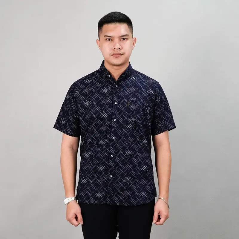 PF - Kemeja Motif Pria Verdant Full Printing Lengan Pendek Casual M-XL Baju Atasan Cowok Slimfit Bahan Katun Hem Formal Dewasa Distro Kerja Hitam 3