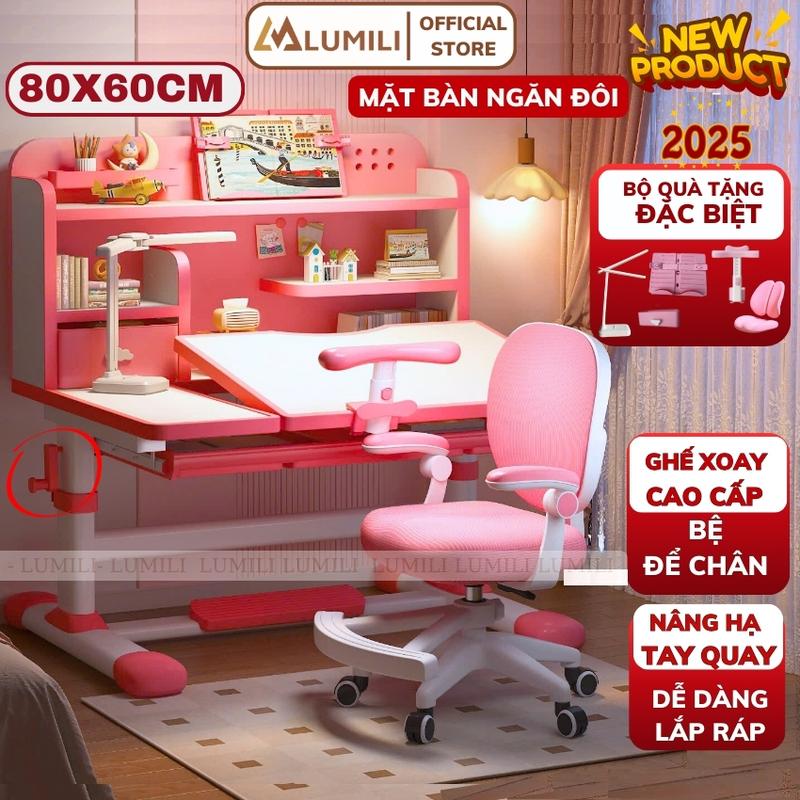 Bàn học sinh Lumili E10 plus có giá sách chống gù chống cận bàn học chống gù cho trẻ em từ 3 đến 15 tuổi