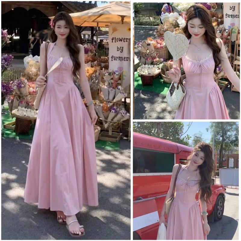 Đầm Váy Nữ Cổ Yếm Phối Viền Ren Thắt Nơ Xinh Chiết Eo Maxi Dáng Xòe Tone Hồng Baby Nhẹ Nhàng Đi Biển Women - Me0WStore
