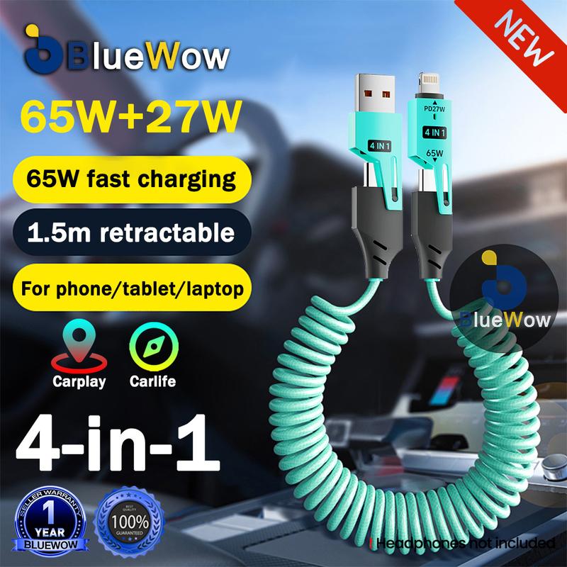 Cáp USB C sang USB C, BlueWow, Lò xo cuộn, 65W, Cáp 4 trong 1 Type C sang USB C, Dây sạc USB C trên ô tô, Sạc nhanh PD 20W, Cáp Có Thể Thu Vào Cáp xoắn ốc lò xo