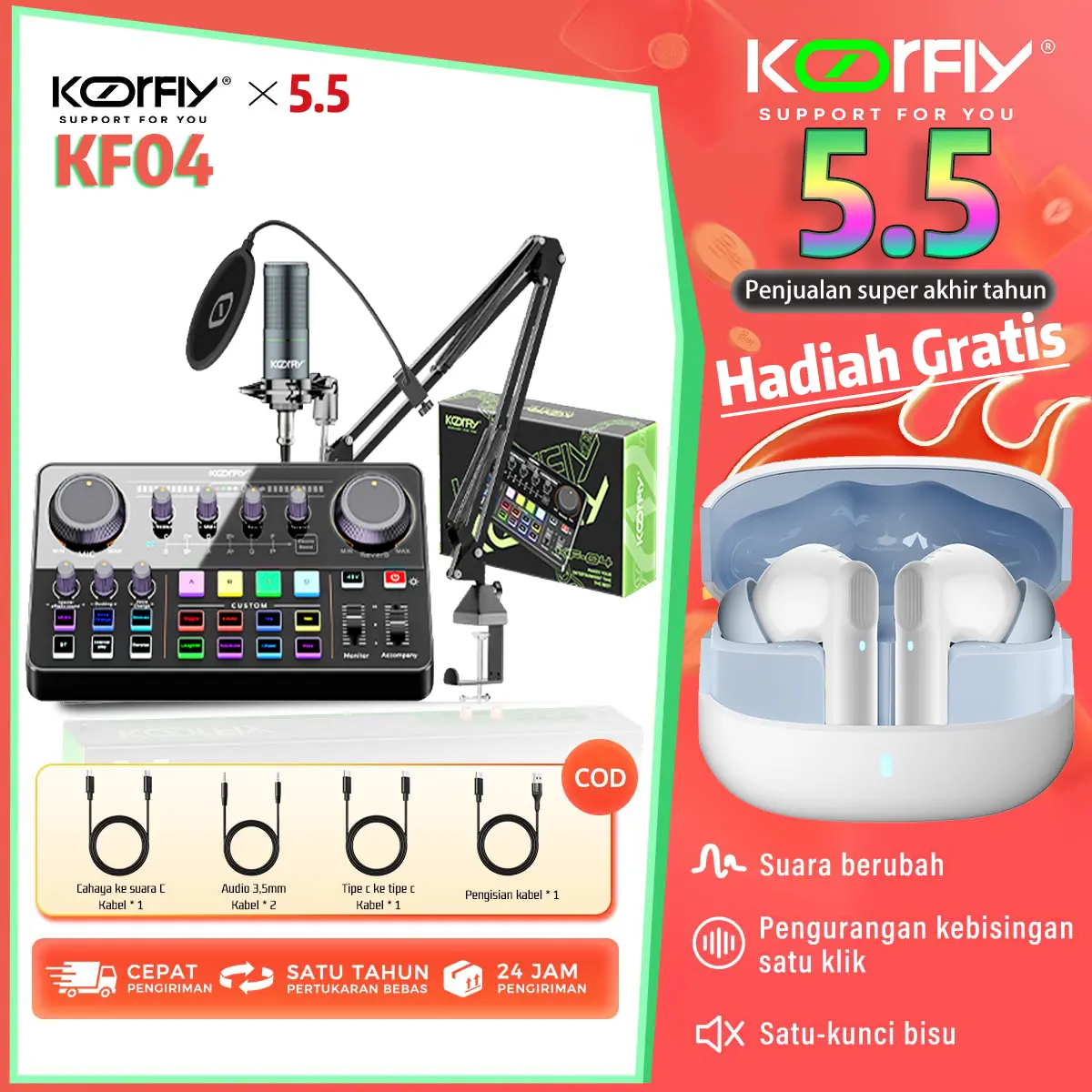 KOORFLY KF04 48V Sound Card cahaya RGB Sound Card Mixer Bluetooth Audio USB External soundcard live phone PC-live