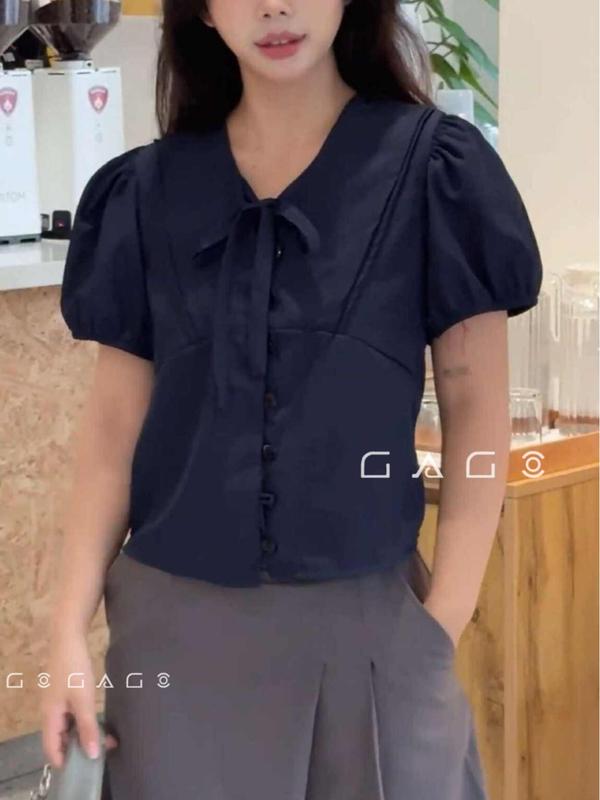 Áo Nơ GAGO Brand Tay Phồng Nữ Sinh Sơ Mi Nữ Thời Trang Vải Gió Nhăn Size XS-L Thoải Mái