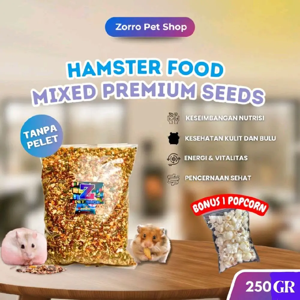 MAKANAN HAMSTER MIX PREMIUM 250gr BONUS POPCORN HAMSTERFOOD BERGIZI ANTIPELET SUDAHSANGRAI ANTIKUTU