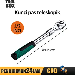 TOOLBOX Kunci Soket Ratchet 1/2 Inch dengan Fitur Teleskopik, Panjang 303-445mm, Kunci Ratchet 72 Gigi