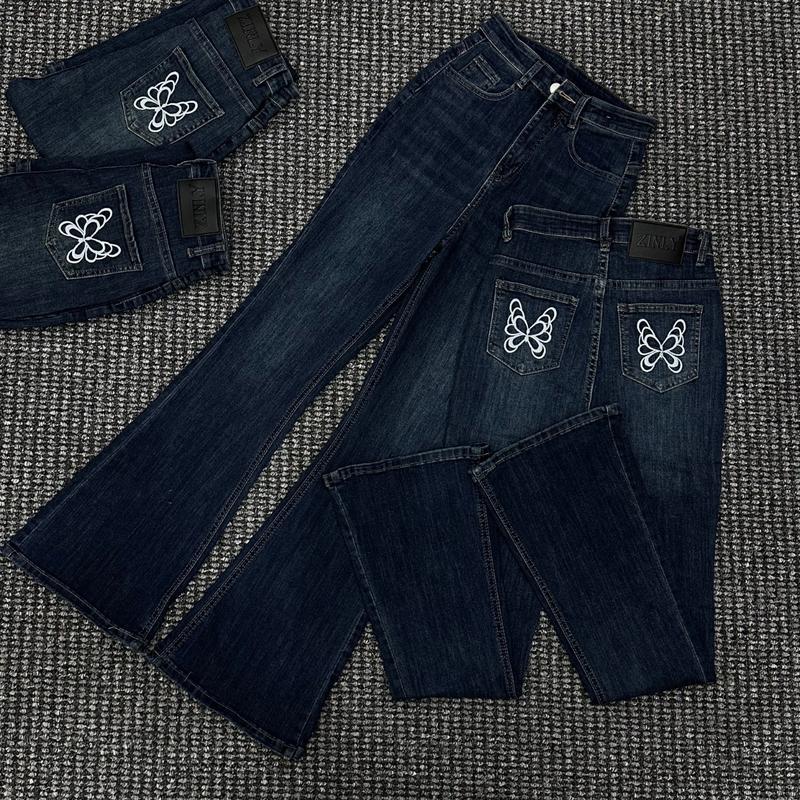 [ ZINLY SHOP ] Quần Jean Nữ Ống Loe Túi Thêu Hoa Có Fom Ngắn 95Cm Và Dài 105Cm Màu Đậm Vải Co Giản Mềm Mát Q416