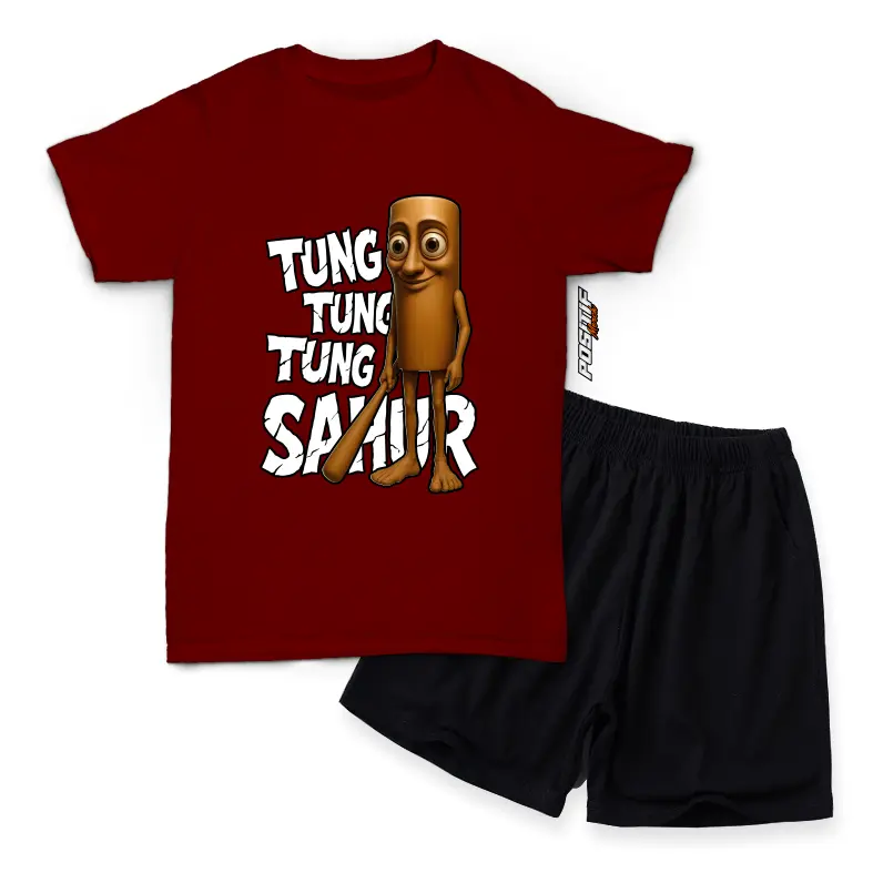Positif Merch Baju Kaos Anak Setelan Tema Anomali Viral Desain Kartun Tung Tung Tung Sahur Lucu Laki Perempuan 4