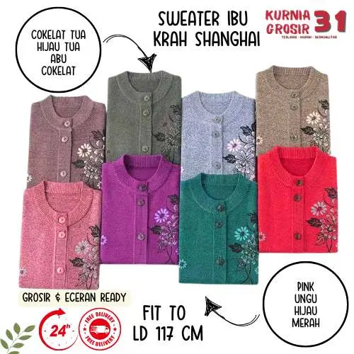Sweater Ibu Krah Shanghai Krah Daun Motif Bunga / Baju Hangat Wanita / Pakaian Casual Rajut Halus Kancing Kerah Berkualitas 1