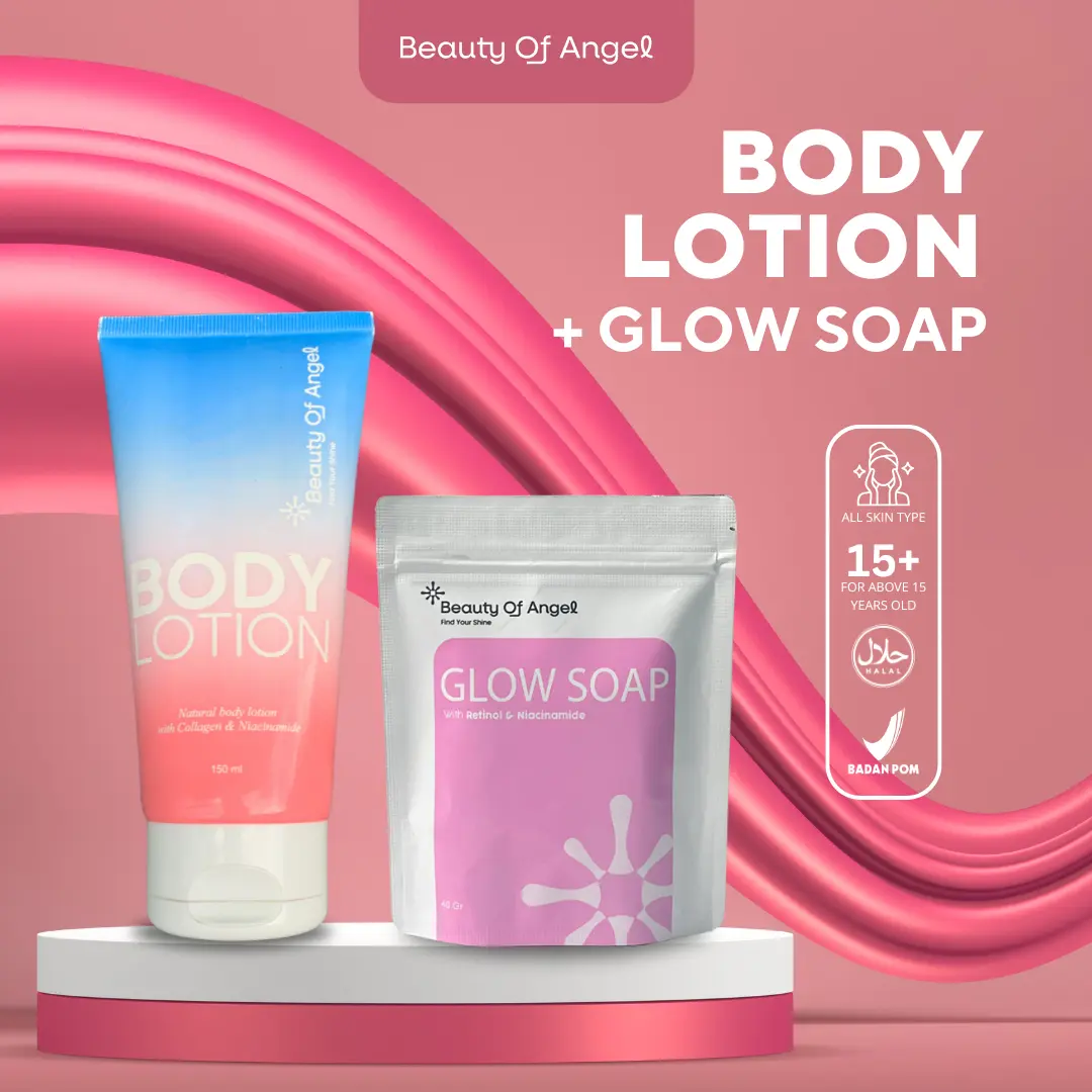 PAKET PENCERAH Beauty of Angel Glow Soap + Body Lotion Sabun Pencerah Kulit Wajah & Badan mencerahkan dan melembabkan kulit Tubuh Hitam menghilangkan jerawat kusam | mencerahkan kulit instan sabun scrub perawatan kecantikan lulur mandi