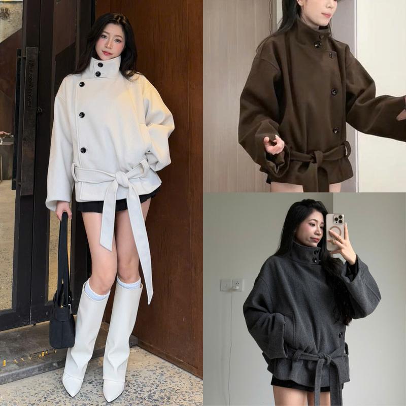 Áo Khoác Dạ Cổ Đứng Kèm Đai Thắt Eo Phong Cách Áo Jacket Nữ Thời Trang Hàn Quốc Áo Khoác Nữ Mùa Đông - Aokhoada601