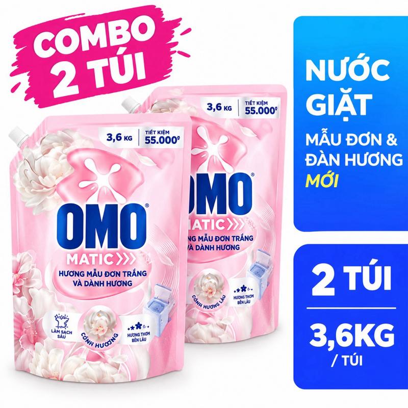 OMO Combo 2 Túi Nước Giặt Matic 3,6kg Hương Mẫu Đơn Trắng & Đàn Hương Mới Tiết Kiệm 55.000đ