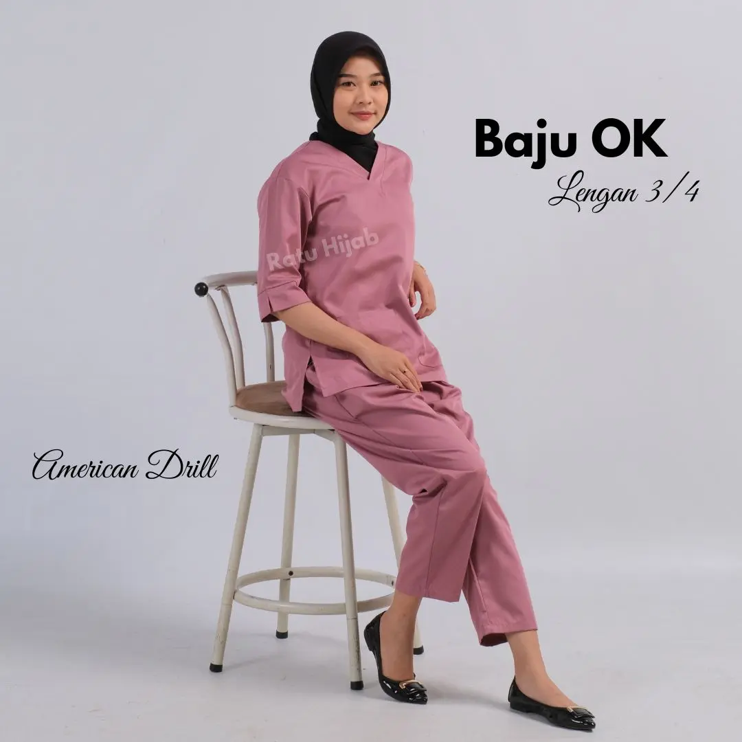 [RatuHijabCilacap] Baju OK Lengan 3/4 Pakaian dinas perawat nakes bahan American Drill   Wanita Celana Panjang panjang