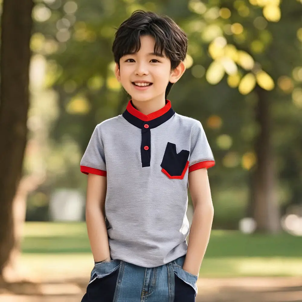 2-16 Years Kids T-shirt Boy polo shirt Baju Budak Lelaki stand collar Pocket 100% Cotton Korean Fashion
