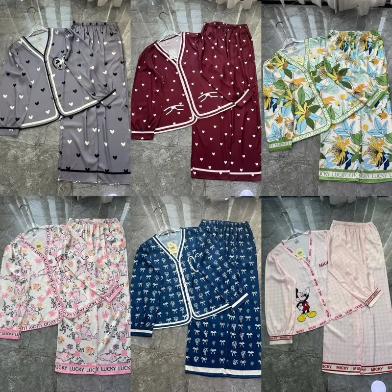 ( FS 40-55KG ) ĐỒ BỘ CỔ V LỤA LATIN 2CE, PIJAMA NỮ MẶC NHÀ - Nữ Women Kem Nhung Áo Voi Tim  Quần Ngủ Áo Ngủ