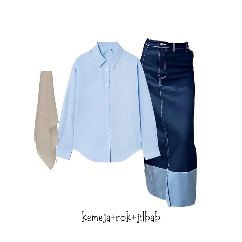 oneset 3in1 kemeja polos biru rok jeans 2 warna jilbab bella | perempuan wanita cewek ootd hijab casual hangout pantai piknik kuliah korean style HK155 1