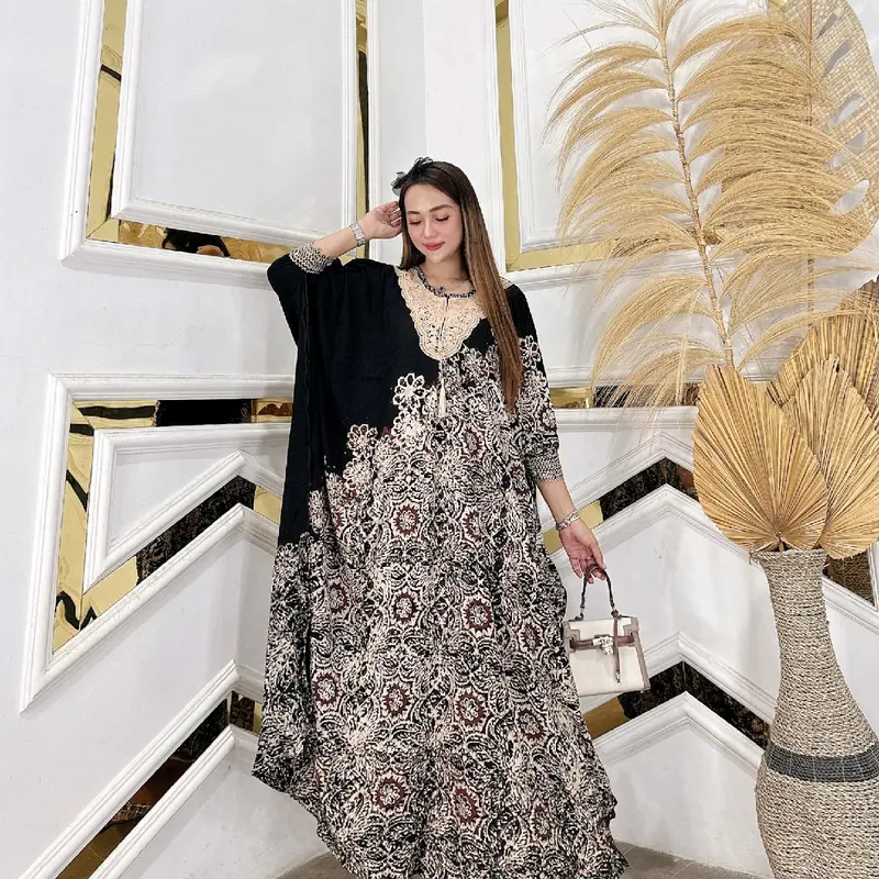 Kaftan Premium Batik Cap/Kaftan Adelia Rayon Tebal Gamis Wanita Motif Hitam 4