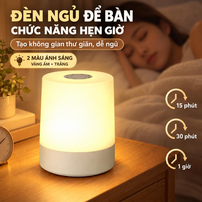 Đèn ngủ tích điện để bàn tích hợp đồng hồ