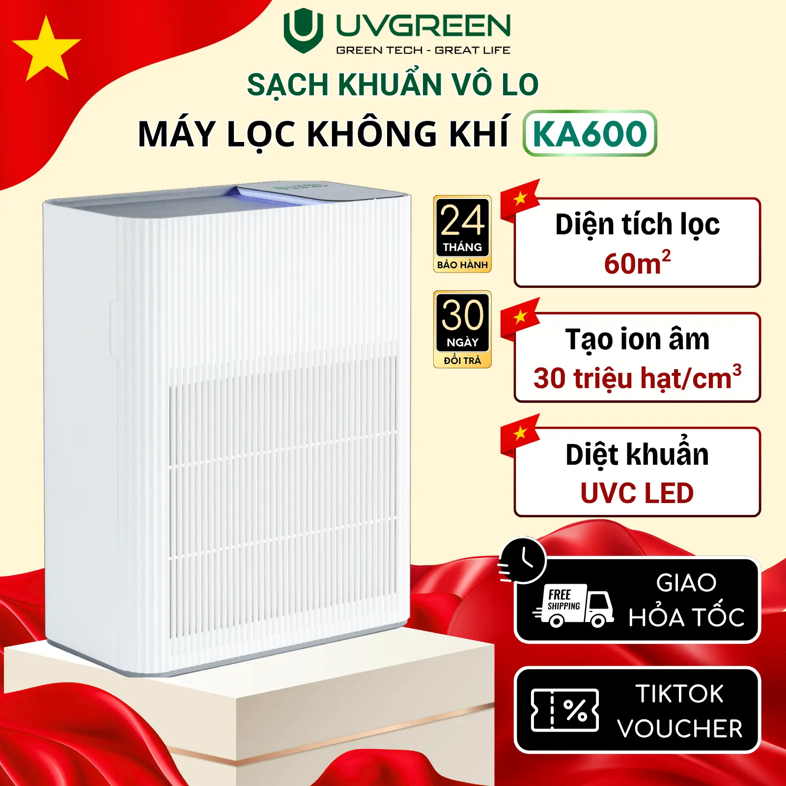 Máy Lọc Không Khí Diệt Khuẩn UVGREEN KA600 60m2 - Công Nghệ UVC LED Hiện Đại - Tạo Ion Âm, Làm Sạch không khí - Lõi Lọc HEPA H13 Chống Vi Khuẩn - Bảo Hành Chính Hãng 24 Tháng